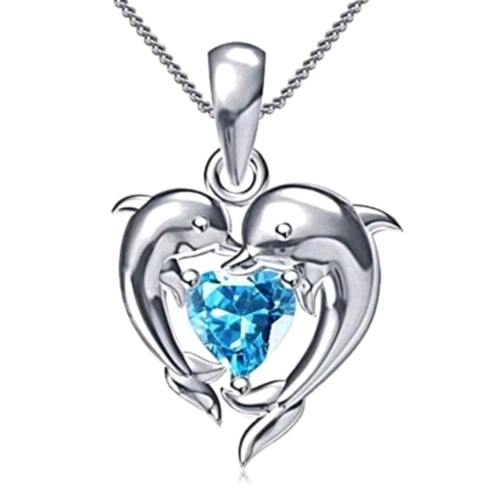 925 Sterling Silver Necklace w/ Heart Dolphin CZ Ocean Auquamarine Woman's Gift
